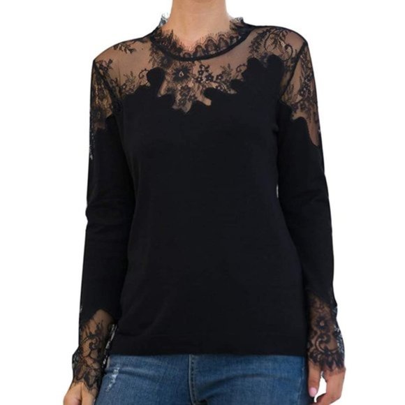 Tops - NWT Lace Mesh HighCollar Scalloped Long Sleeve Top